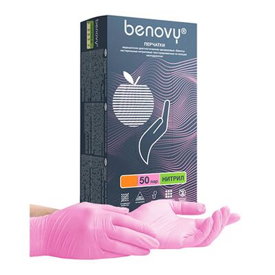 Нитриловые перчатки Benovy, розовые, 50 пар