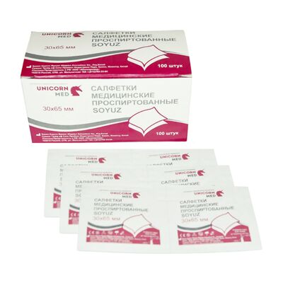 Салфетки спиртовые Unicorn Med 30х65 мм, 100 шт общий вид