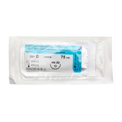 Монофил мононить полипропилен, синяя, USP 0, 75 см, игла HS-30